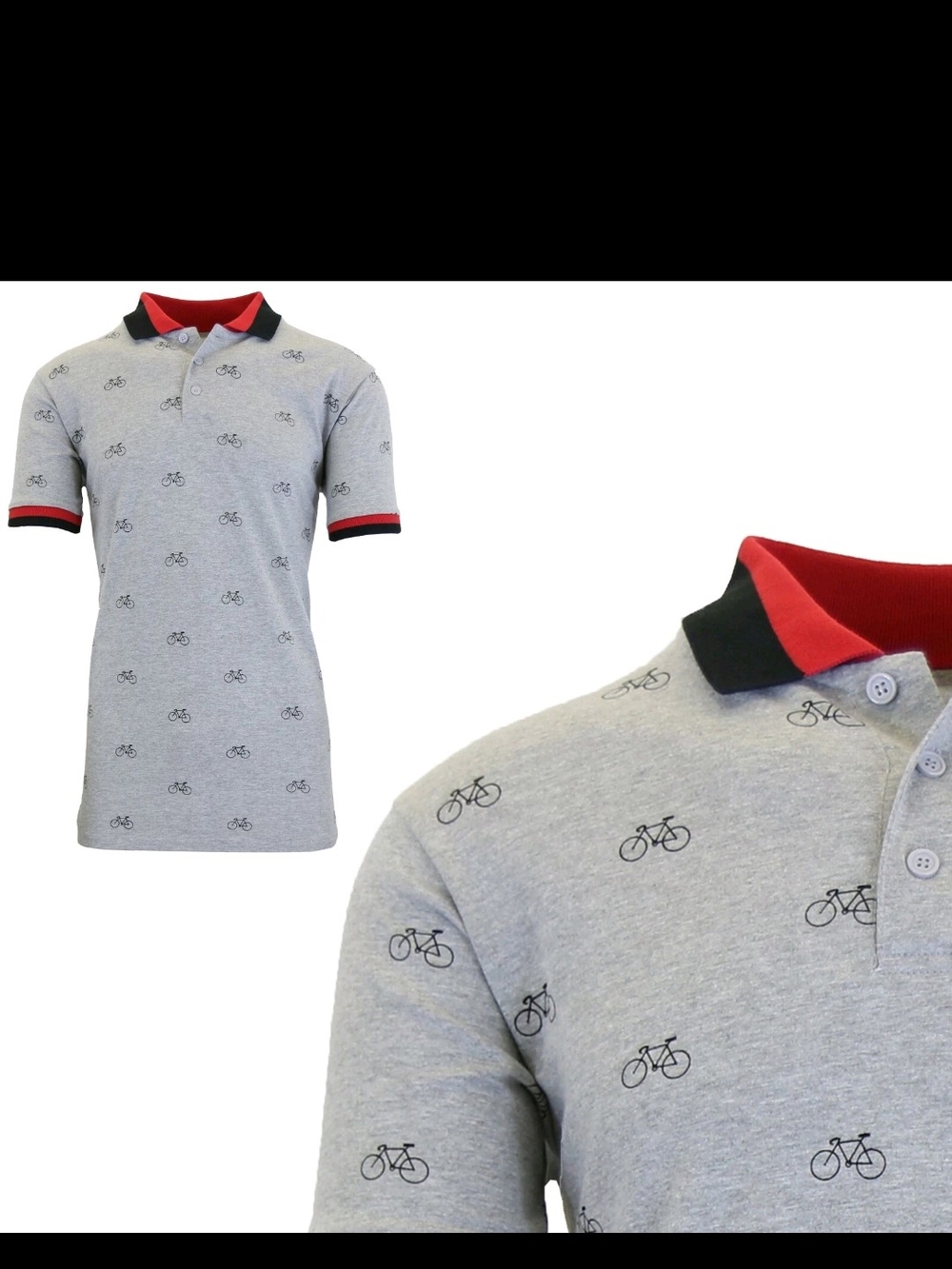 Grey‎ Polo Shirt with Bicycle Print and Red-Trim Collar
